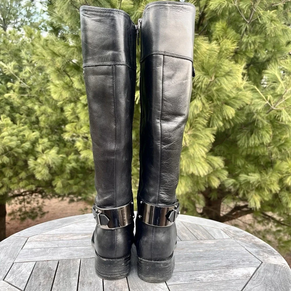 Vince Camuto Jaran Riding Boot Womens 7 Tall Black Leather Suede Silver Hardware